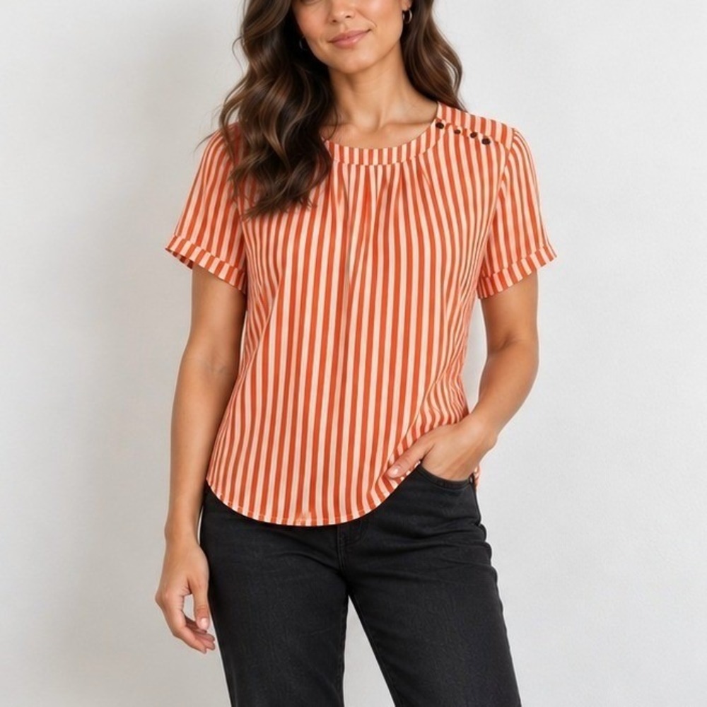 Banana Republic 100% Silk Orange White Stripe Pleated Blouse | Size 12